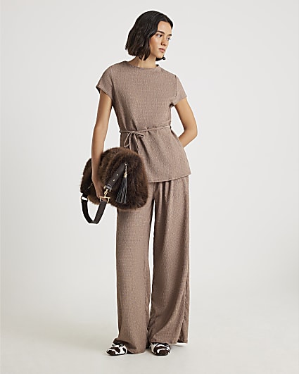Beige Short Sleeve Textured Belted Top