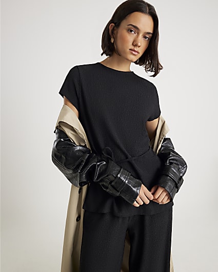 Black Short Sleeve Textured Belted T-Shirt