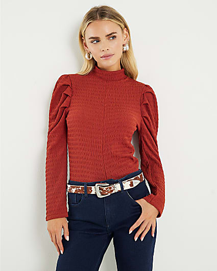 Petite Red Long Sleeve Ruched Shoulder Top