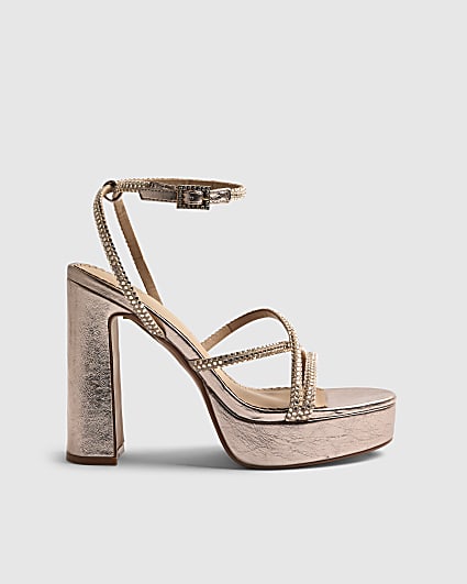 Rose Gold Diamante Platform Heeled Sandals