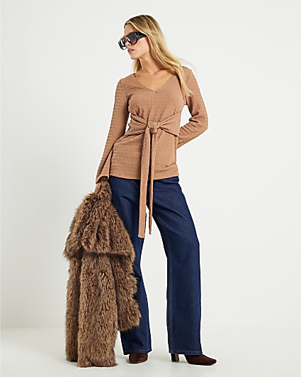 Petite Beige Long Sleeve Tie Waist Top