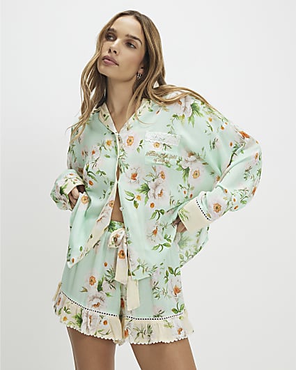 Green Floral Shirt and Shorts Pyjama Set