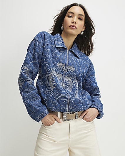 Blue Denim Embroidered Quilted Bomber Jacket