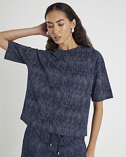 Navy Premium Crinkle Effect Boxy T-shirt