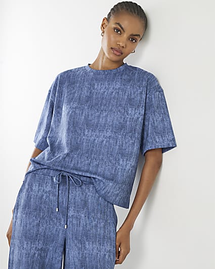 Blue Premium Crinkle Effect Boxy Fit T-shirt