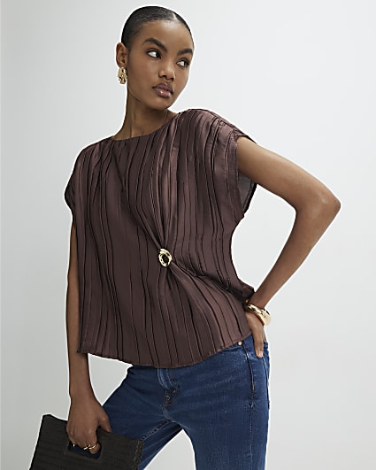 Brown Satin Plisse Gold Detail Top