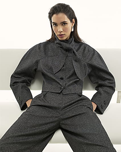 Grey Long Sleeve Tie Neck Jacket