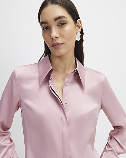Pink Satin Long Sleeve Slim Fit Shirt