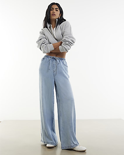 Blue Denim Tie Waist Wide Leg Jeans
