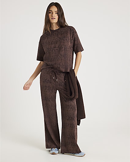 Brown Premium Crinkle Effect Wide Leg Joggers
