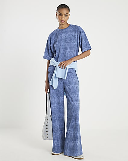 Blue Premium Crinkle Effect Wide Leg Joggers