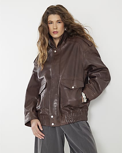 Brown Distressed Leather Bomber Jacket