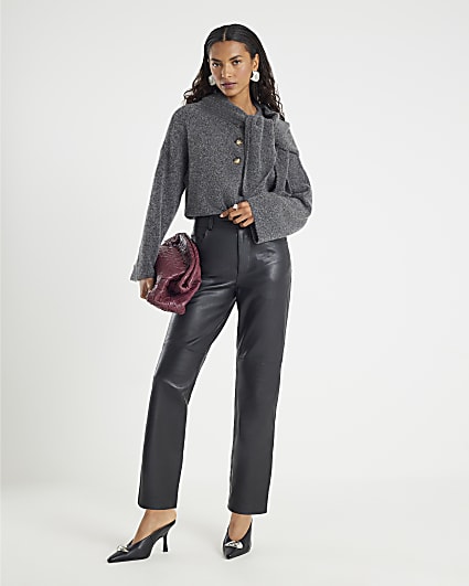 Black Leather Straight Leg Trousers