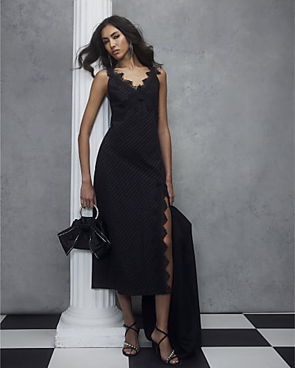 Black Sleeveless Lace Trim Pinstripe Dress