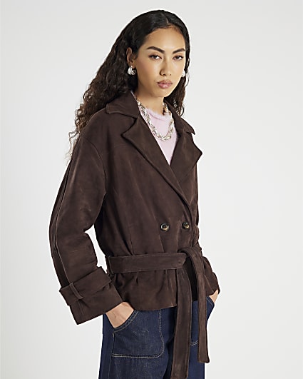Brown Cropped Suede Belted Trench Jacket