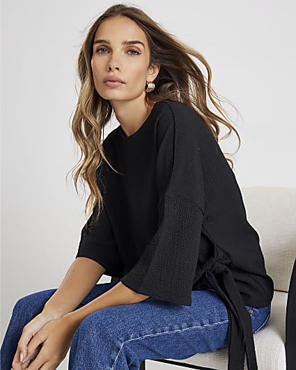 Black Short Sleeve Texture Tie T-shirt
