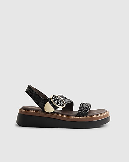 Black Woven Buckle Flatform Sandals