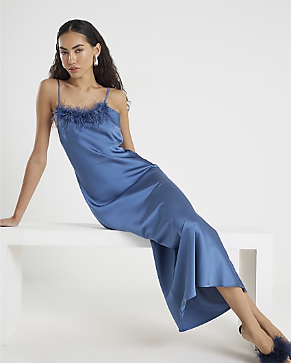Blue Satin Feather Trim Slip Dress