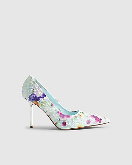 Blue Floral Embellished Court Heels
