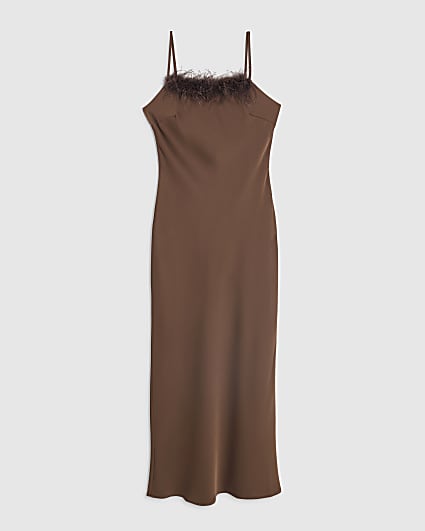 Petite Brown Satin Feather Trim Maxi Dress