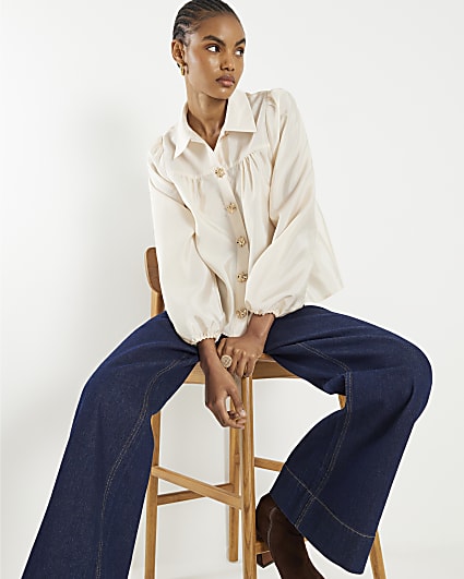 Cream Long Sleeve Button Detail Shirt