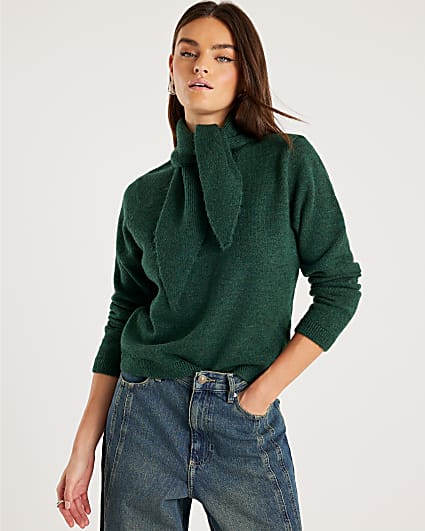Green Knitted Neck Tie Jumper
