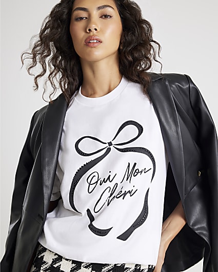 White Short sleeve Oui Mon Cheri Bow T-shirt