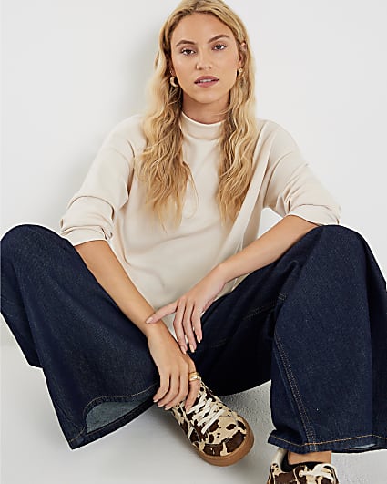 Beige Long Sleeve High Neck Neoprene Top