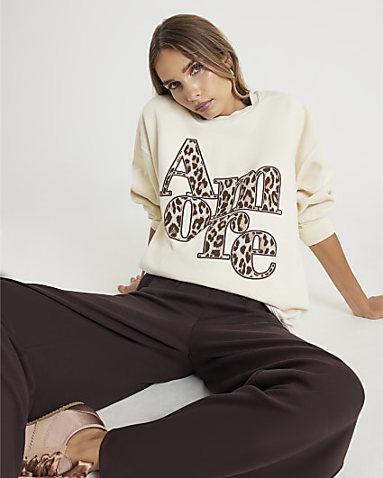 Beige Amore Animal Print Oversized Sweatshirt