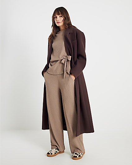Beige Textured Wide Leg Trousers