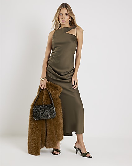 Khaki Slash Neck Maxi Dress