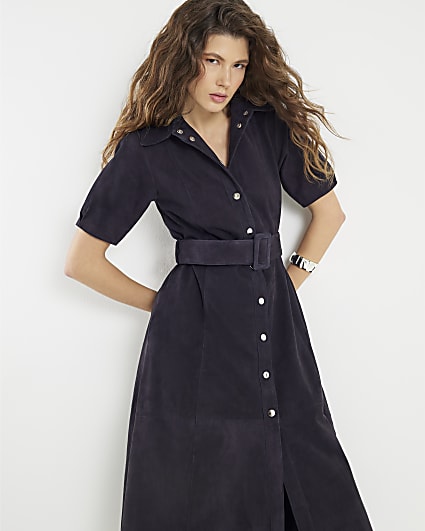 Navy Suede Belted Midi Shirt Dress