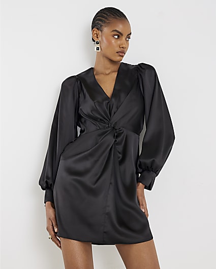 Black Satin Knot Front Mini Dress