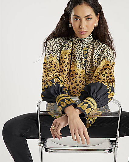 Brown Animal Print Pussybow Blouse