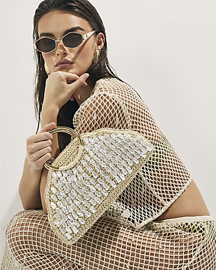 Cream Pearl Raffia Handle Grab Bag