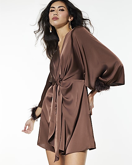 Brown Satin Knot Front Feather Mini Dress