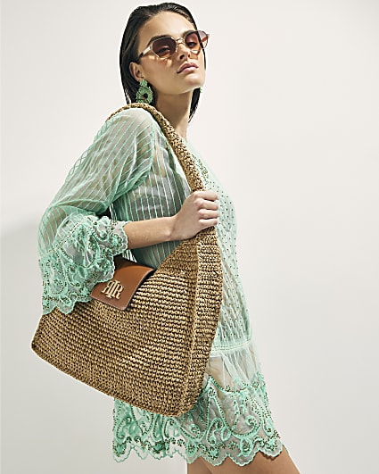 Beige Raffia Flap Front Shoulder Bag