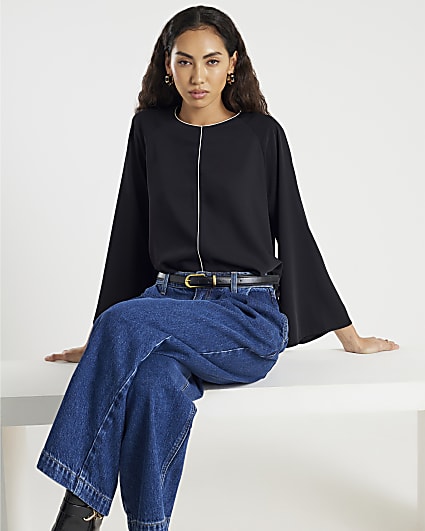 Black Long Flute Sleeve Blouse
