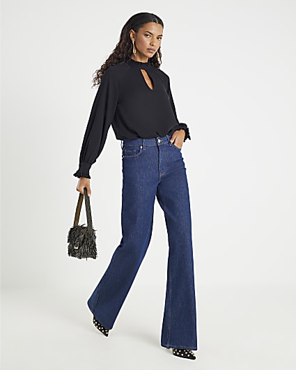 Black Long Sleeve Keyhole Blouse