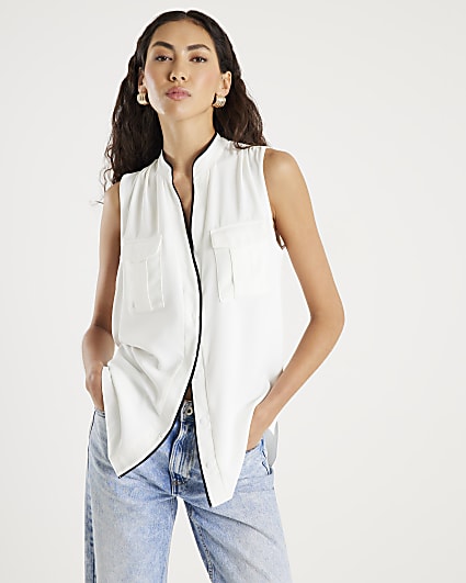 Cream Sleeveless Contrast Piping Shirt
