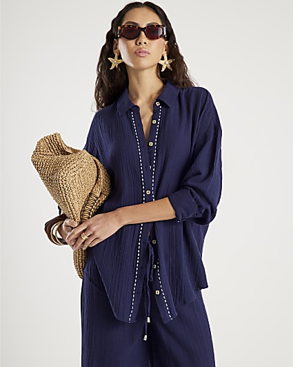 Navy Long Sleeve Beach Shirt