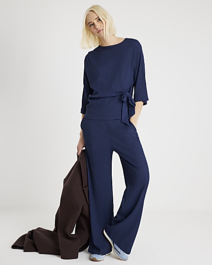 Navy Textured Pull On Wide Leg Trousers
