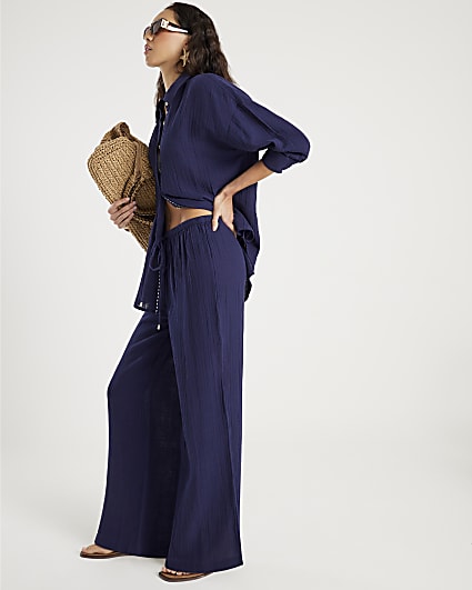 Navy Crinkle Wide Leg Trousers