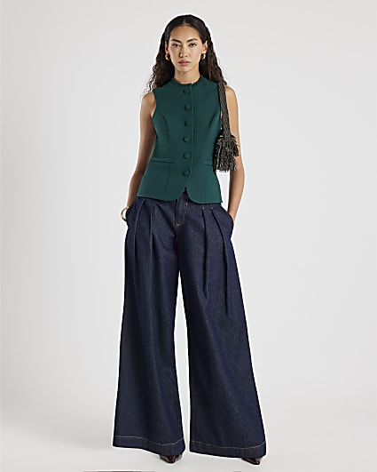 Green Sleeveless Frill Trim Waistcoat