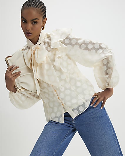 Cream Pussybow Spot blouse