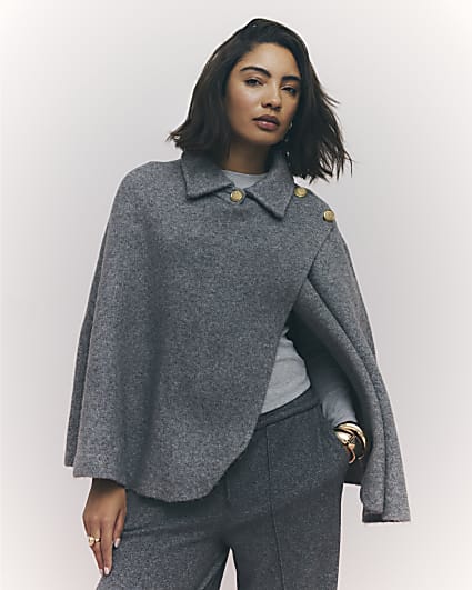 Grey Knitted Wrap Button Cape