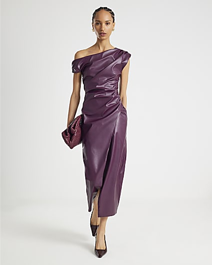 Purple Faux Leather Drape Midi Dress