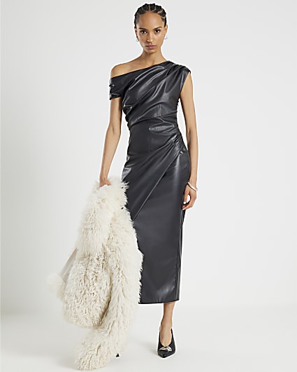 Black Faux Leather Drape Midi Dress