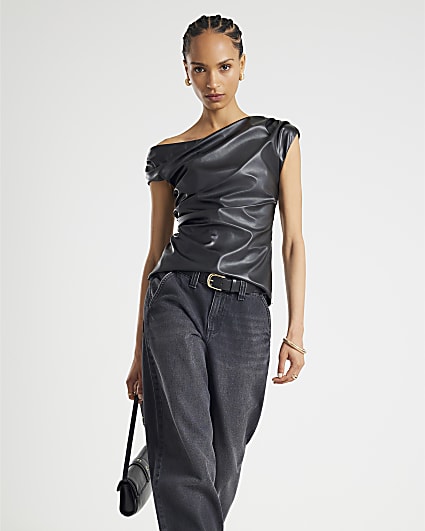 Black Faux Leather Drape Top
