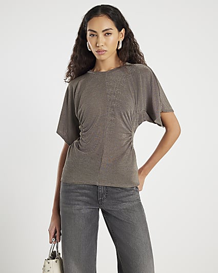 Beige Short Sleeve Ruched Waist Slinky Top